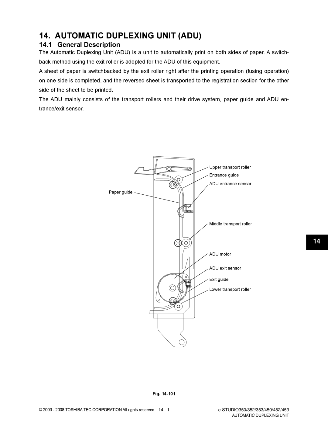 Toshiba 453, 452, 350, 353 service manual Automatic Duplexing Unit ADU 