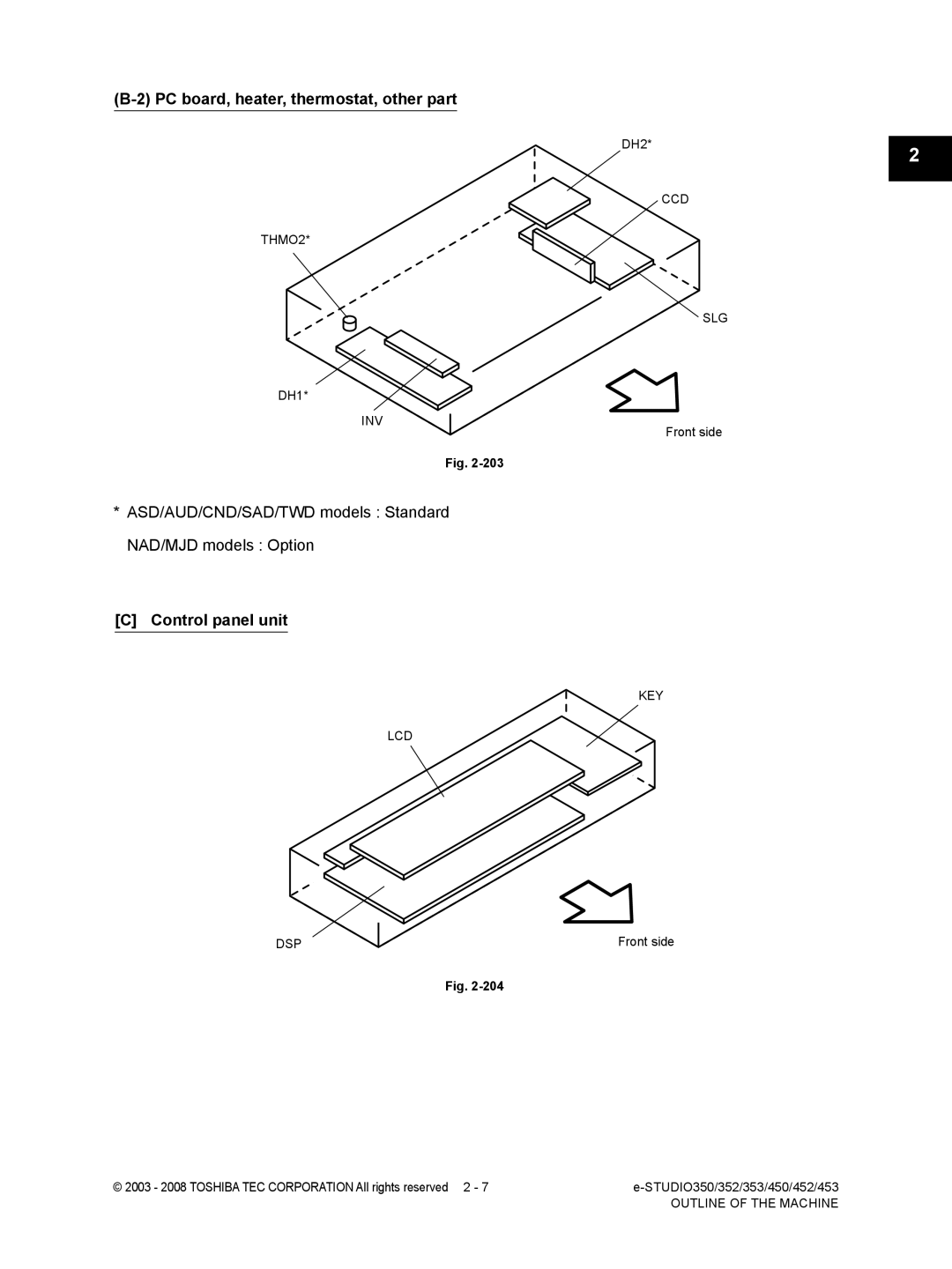 Toshiba 353, 452, 453 PC board, heater, thermostat, other part, ASD/AUD/CND/SAD/TWD models Standard NAD/MJD models Option 