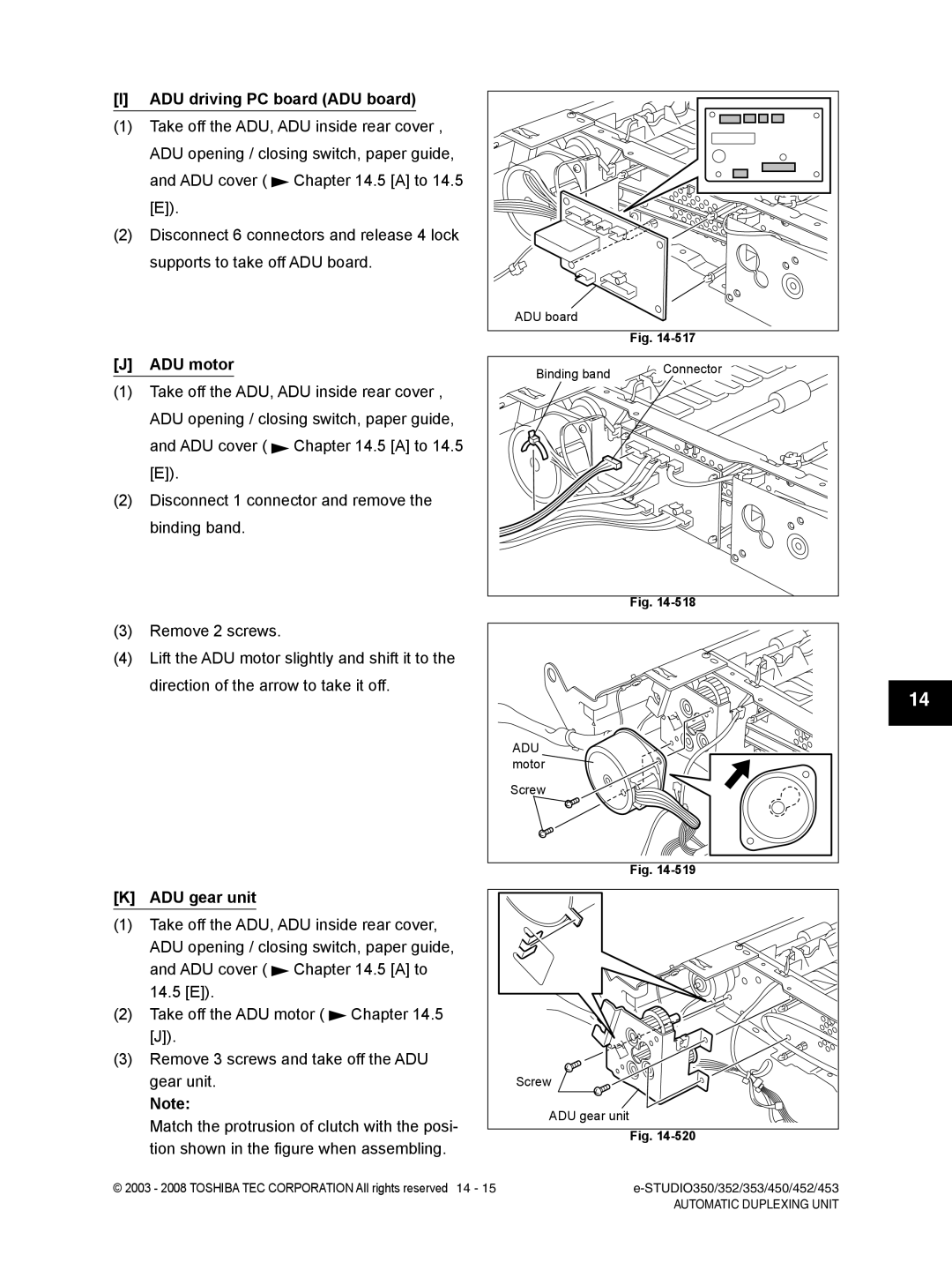 Toshiba 353, 452, 453, 350 service manual ADU driving PC board ADU board, ADU motor, ADU gear unit, Motor 