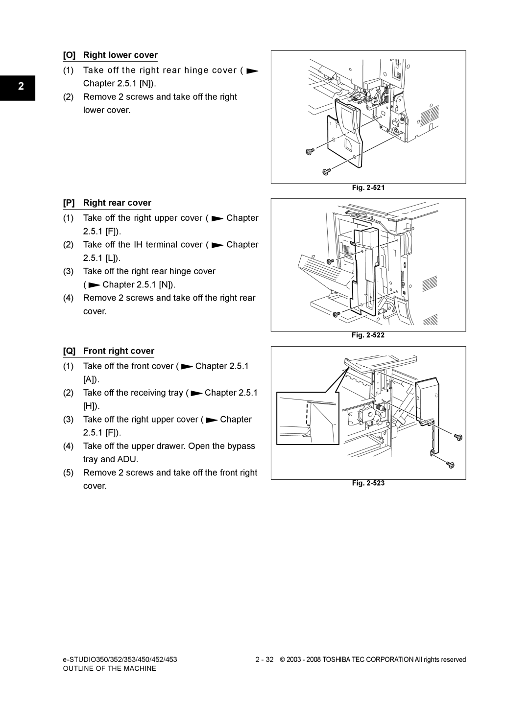 Toshiba 452, 453, 350, 353 service manual Right lower cover, Right rear cover, Front right cover 