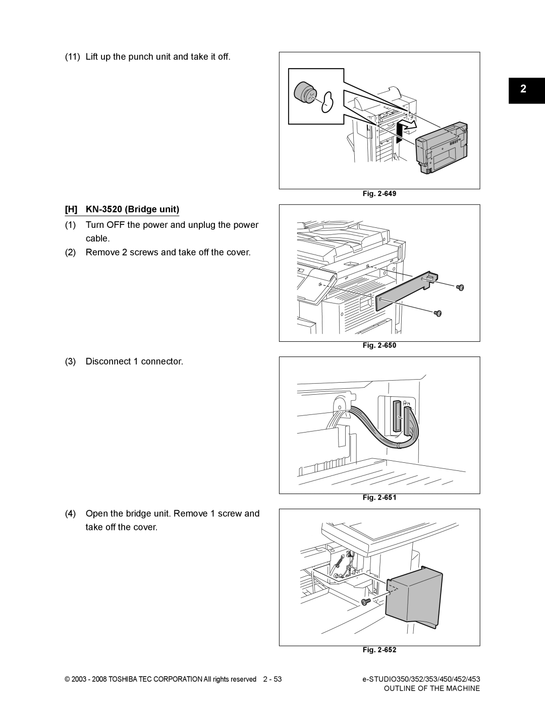 Toshiba 453, 452, 350, 353 service manual Lift up the punch unit and take it off, KN-3520 Bridge unit 