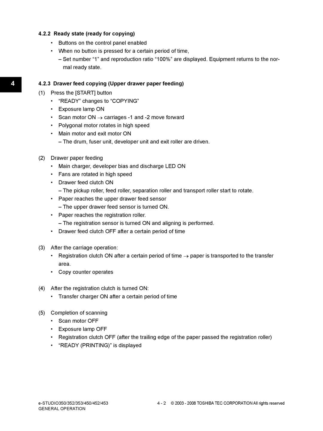 Toshiba 350, 452, 453, 353 service manual Ready state ready for copying, Drawer feed copying Upper drawer paper feeding 