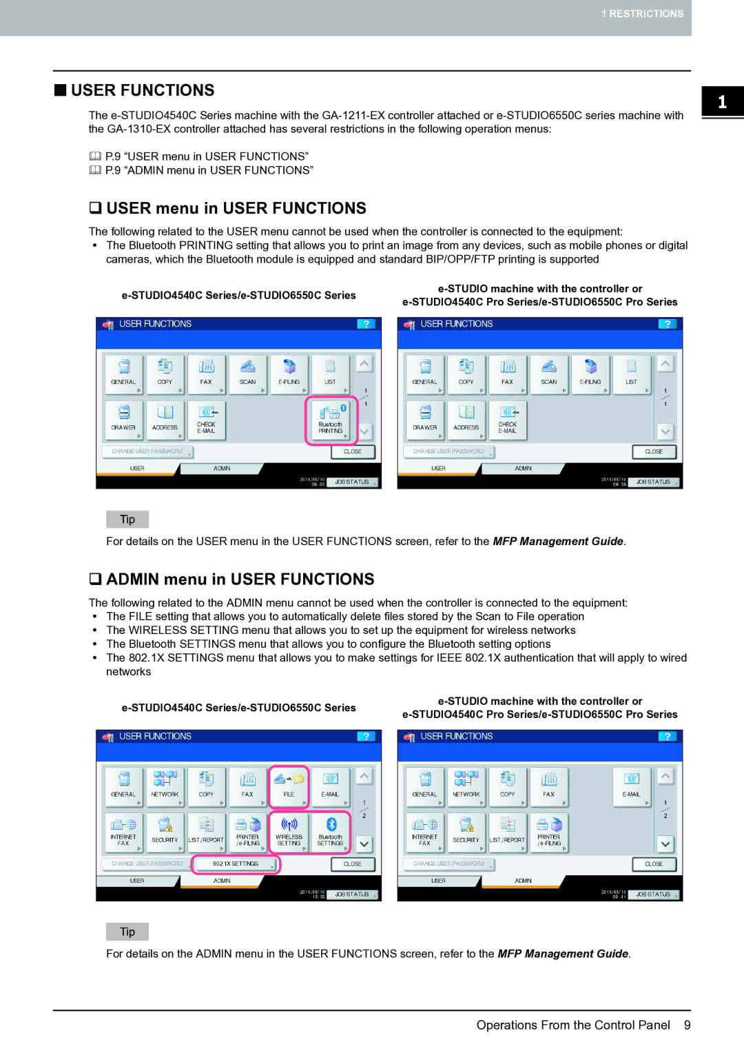 Toshiba 4540c with GA-1211-EX manual ‰ User menu in User Functions, ‰ Admin menu in User Functions 