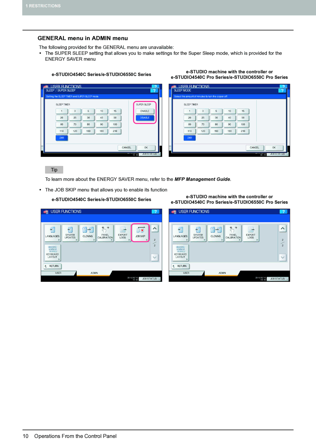 Toshiba 4540c with GA-1211-EX manual General menu in Admin menu 