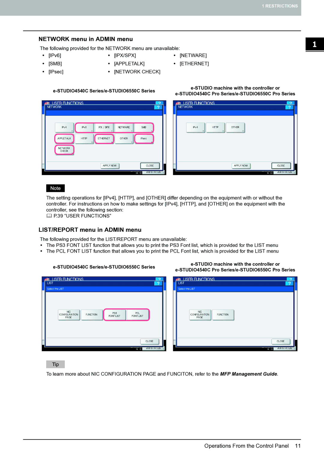 Toshiba 4540c with GA-1211-EX manual Network menu in Admin menu, LIST/REPORT menu in Admin menu 