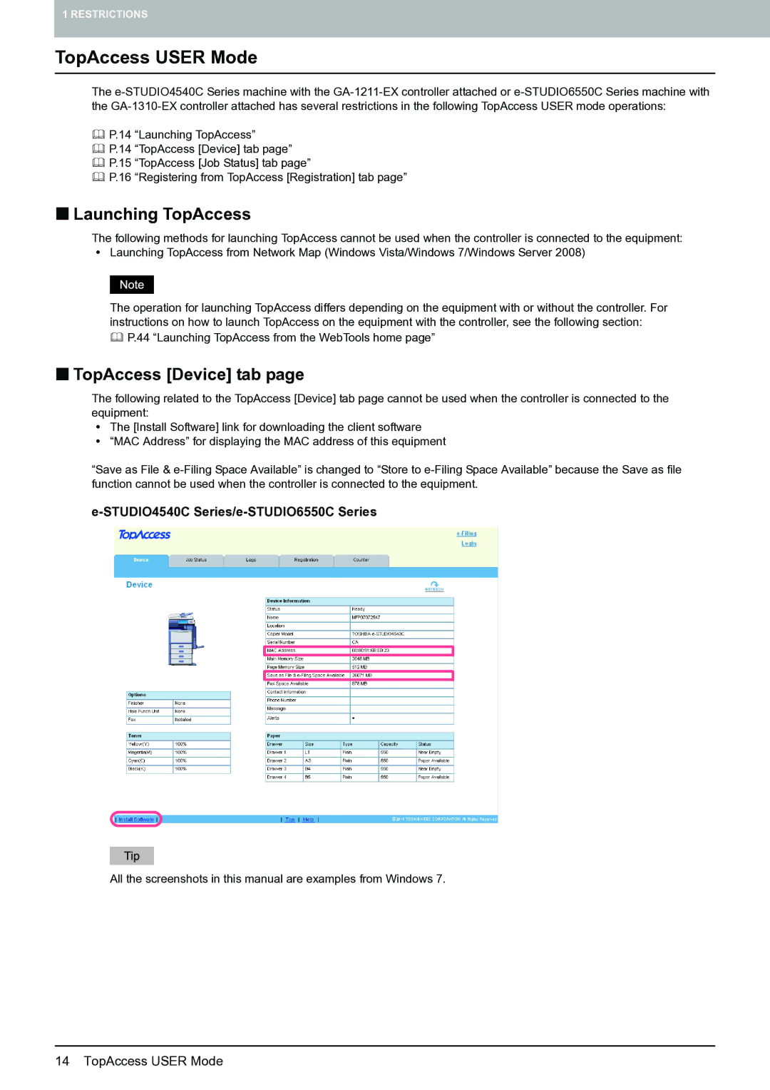 Toshiba 4540c with GA-1211-EX manual „ Launching TopAccess, „ TopAccess Device tab, STUDIO4540C Series/e-STUDIO6550C Series 