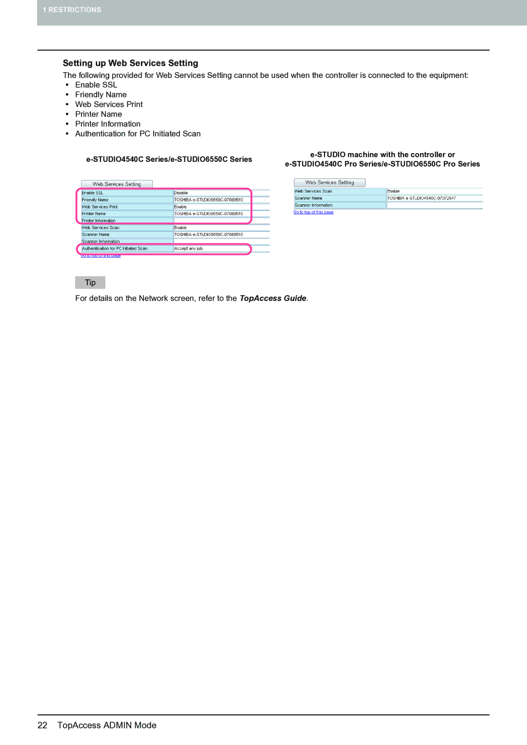 Toshiba 4540c with GA-1211-EX manual Setting up Web Services Setting 