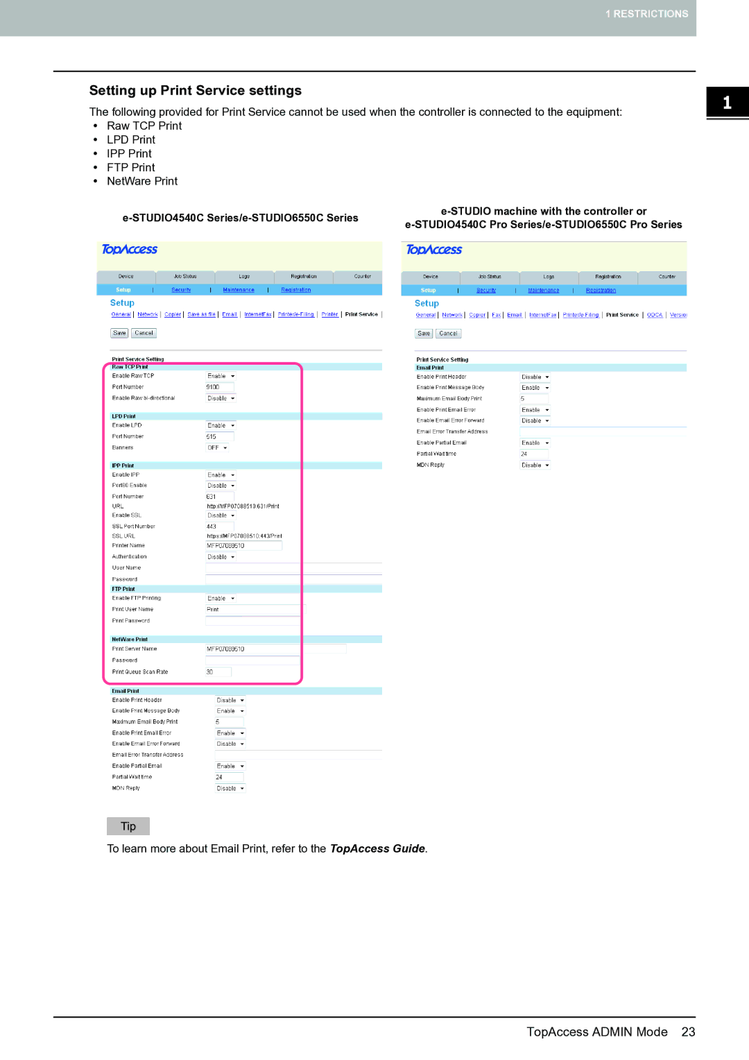 Toshiba 4540c with GA-1211-EX manual Setting up Print Service settings 