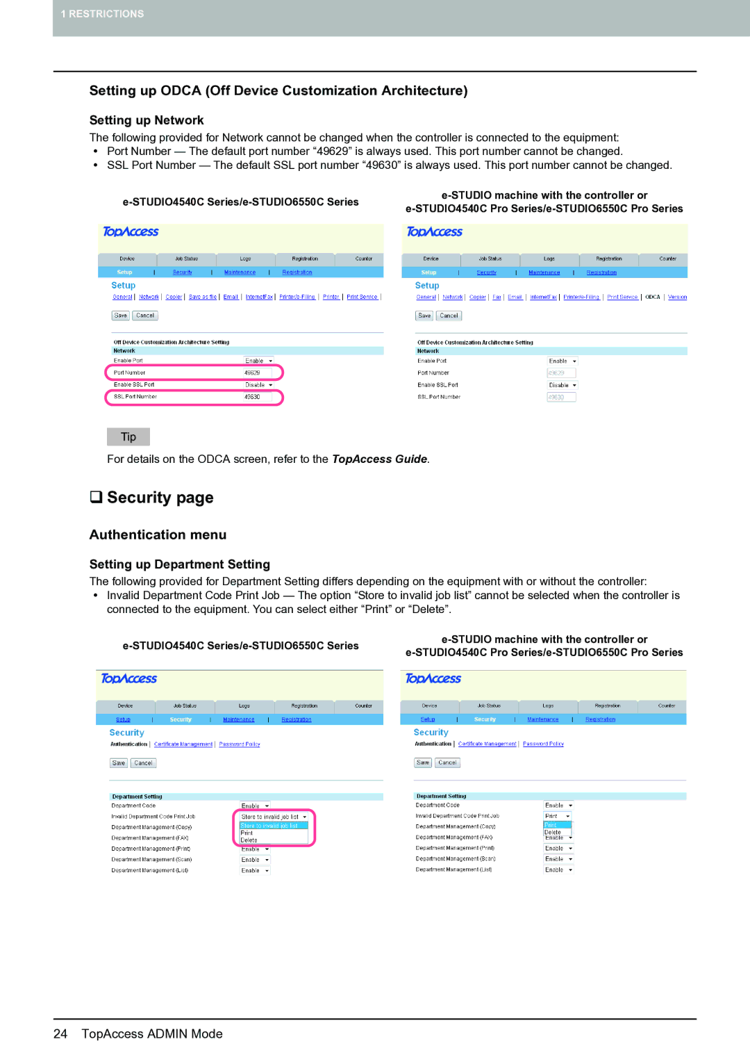 Toshiba 4540c with GA-1211-EX manual ‰ Security, Setting up Odca Off Device Customization Architecture, Authentication menu 