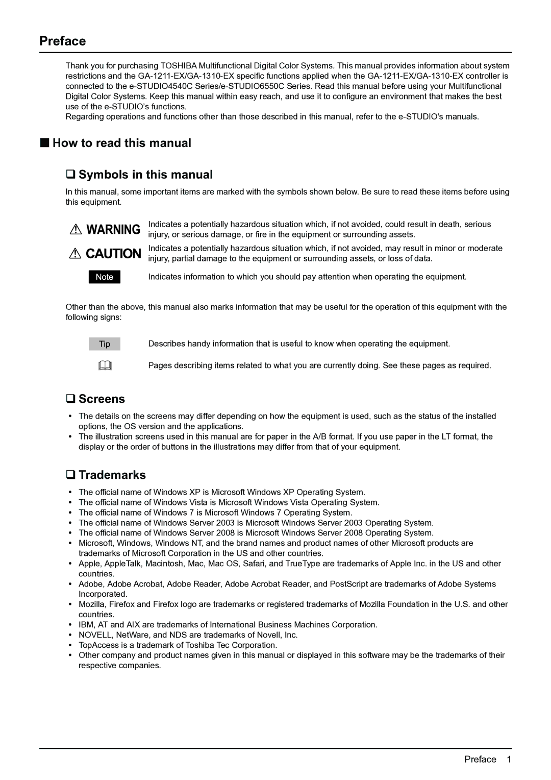 Toshiba 4540c with GA-1211-EX „ How to read this manual ‰ Symbols in this manual, ‰ Screens, ‰ Trademarks 