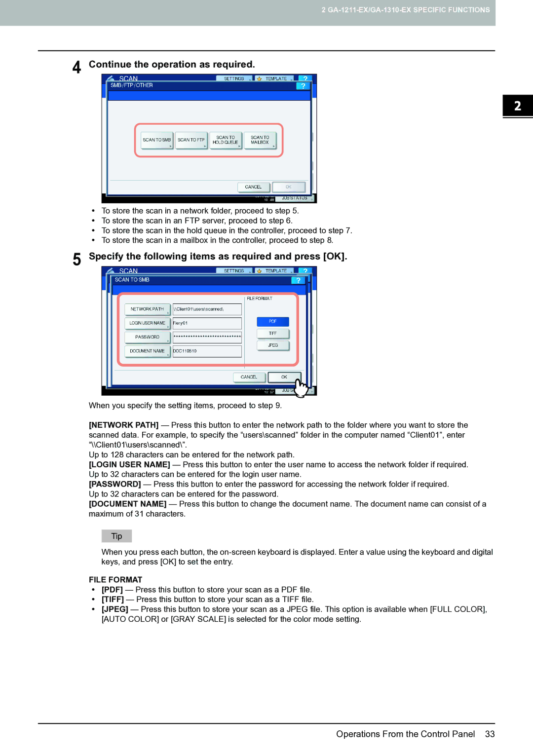 Toshiba 4540c with GA-1211-EX Continue the operation as required, Specify the following items as required and press OK 