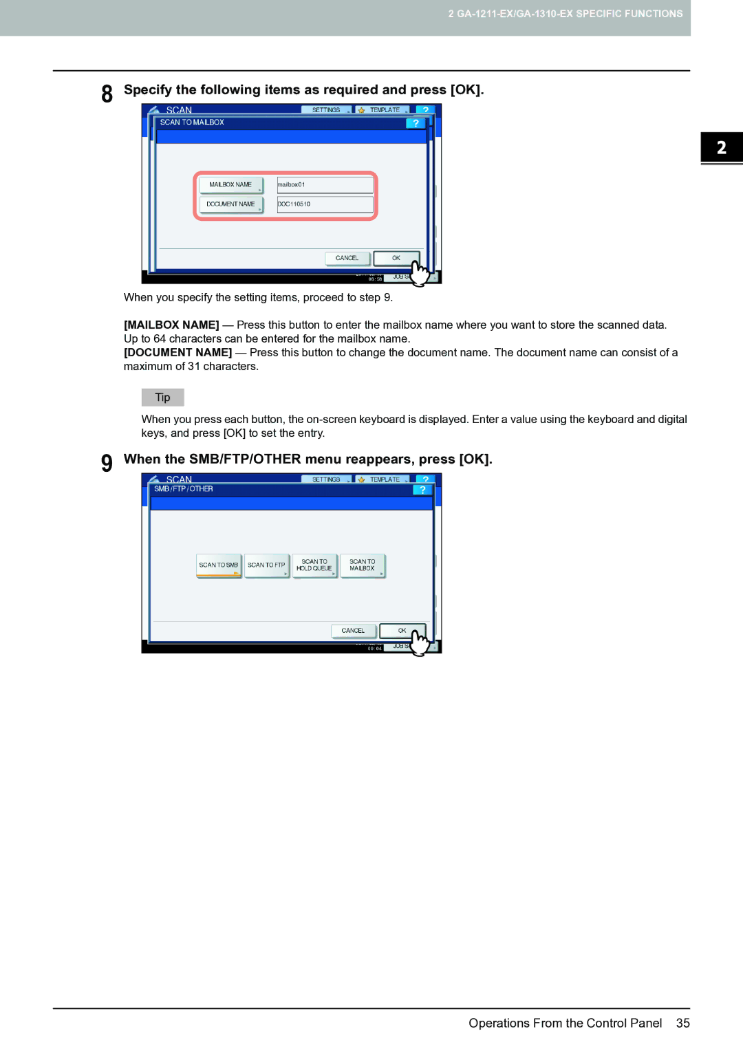 Toshiba 4540c with GA-1211-EX manual When the SMB/FTP/OTHER menu reappears, press OK 