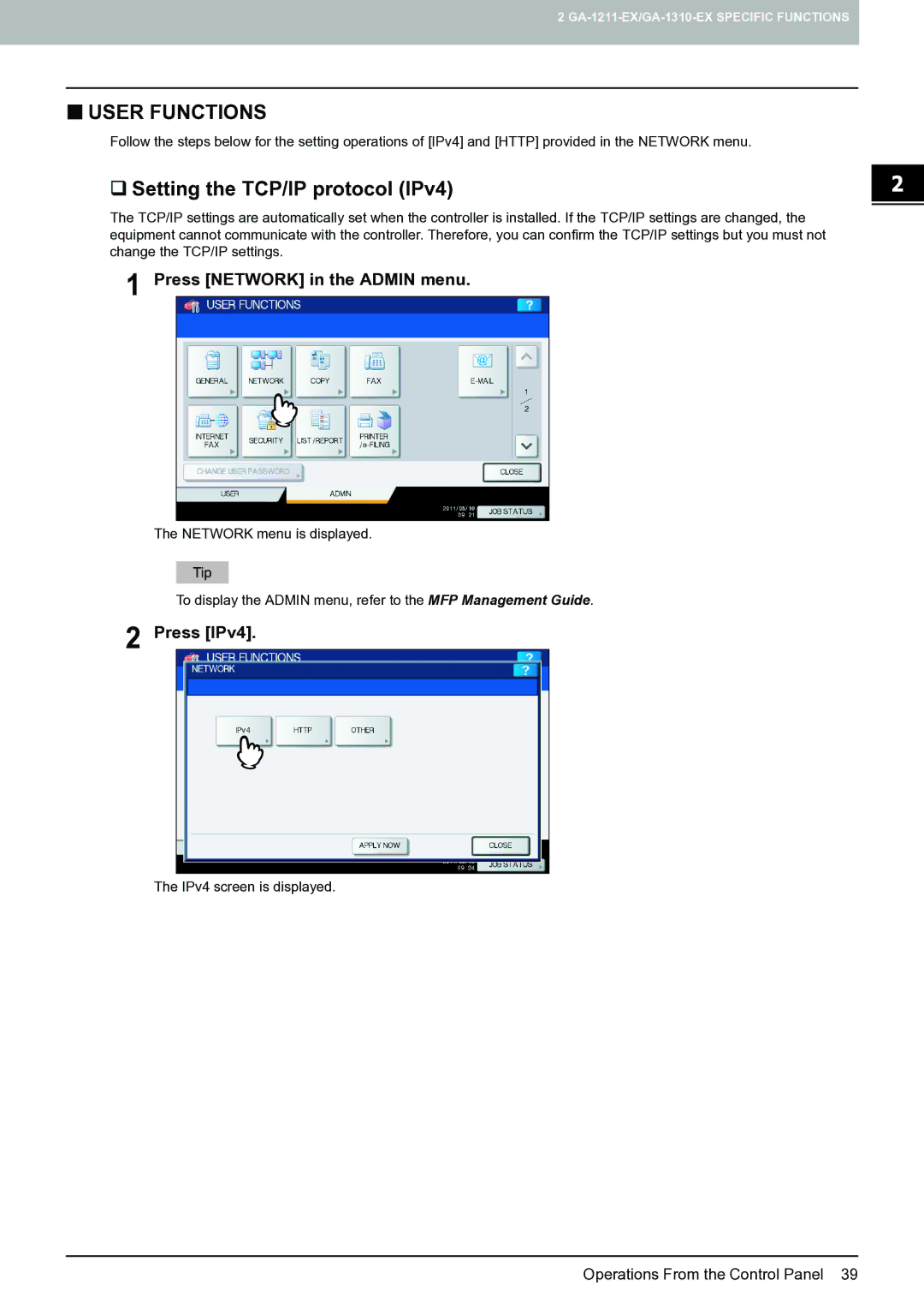 Toshiba 4540c with GA-1211-EX manual ‰ Setting the TCP/IP protocol IPv4, Press Network in the Admin menu, Press IPv4 