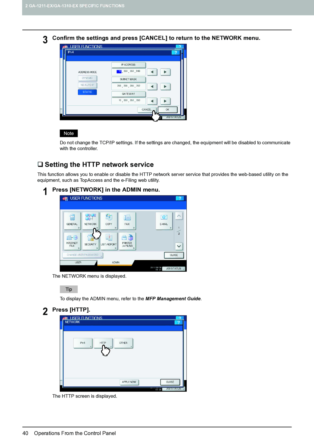 Toshiba 4540c with GA-1211-EX manual ‰ Setting the Http network service, Press Http 