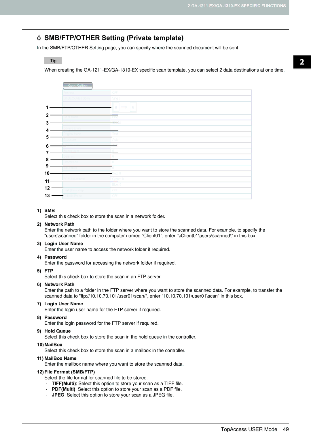 Toshiba 4540c with GA-1211-EX manual ‰ SMB/FTP/OTHER Setting Private template, Network Path 