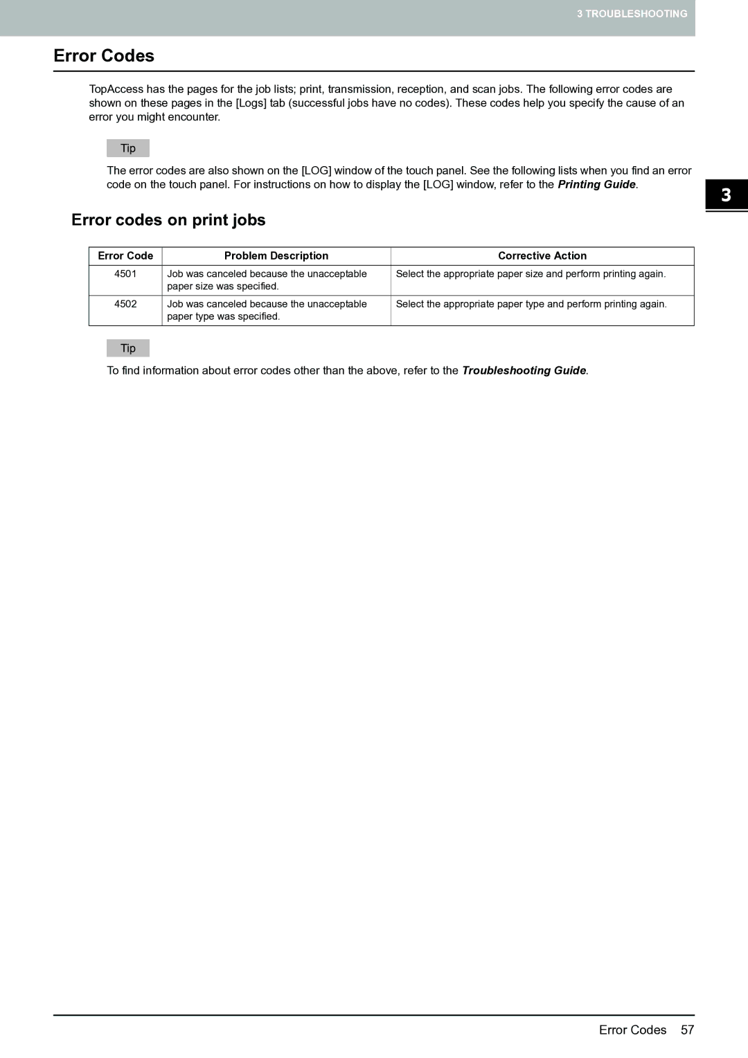 Toshiba 4540c with GA-1211-EX manual Error Codes, „ Error codes on print jobs 