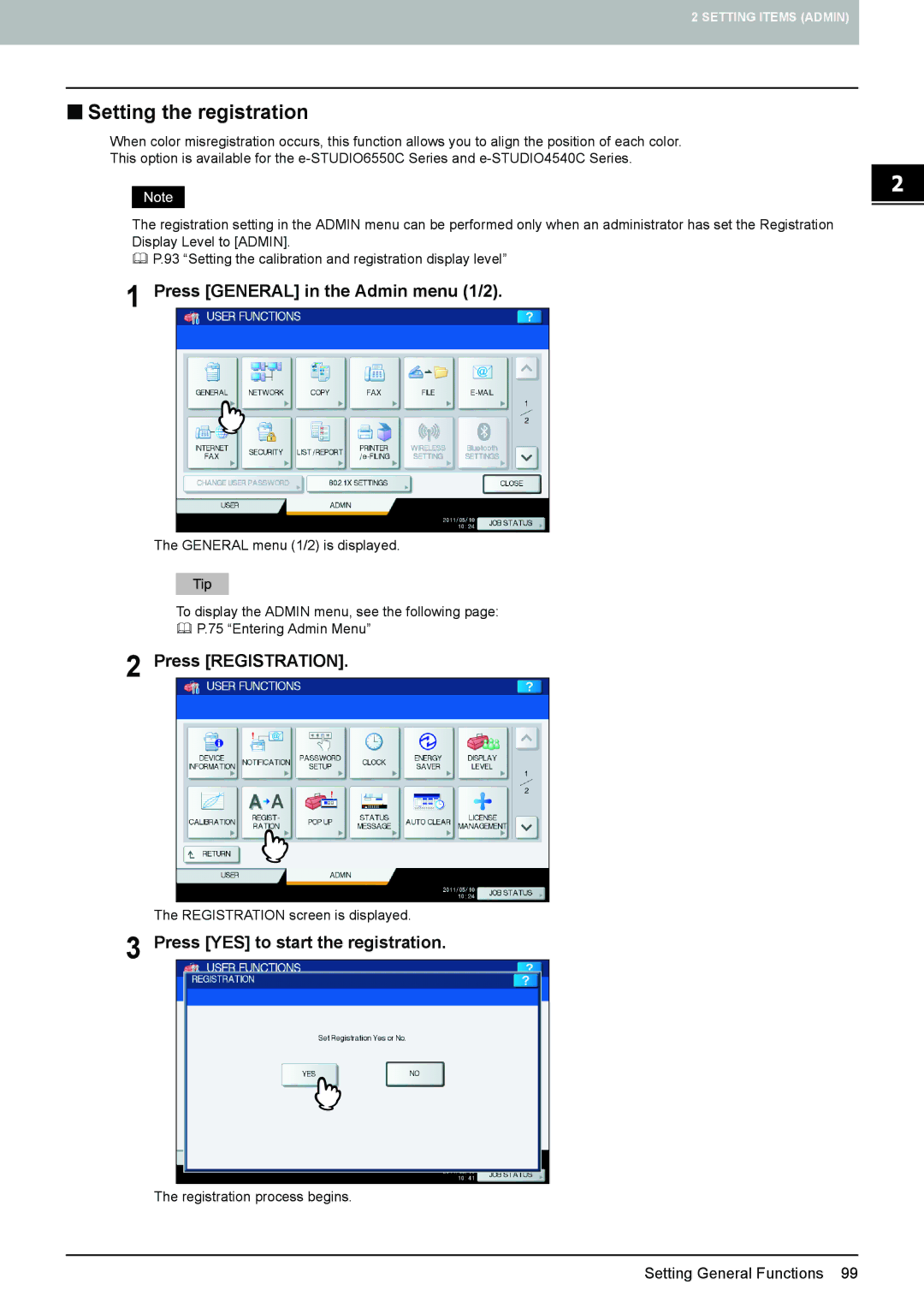 Toshiba 4540C manual „ Setting the registration, Press YES to start the registration 