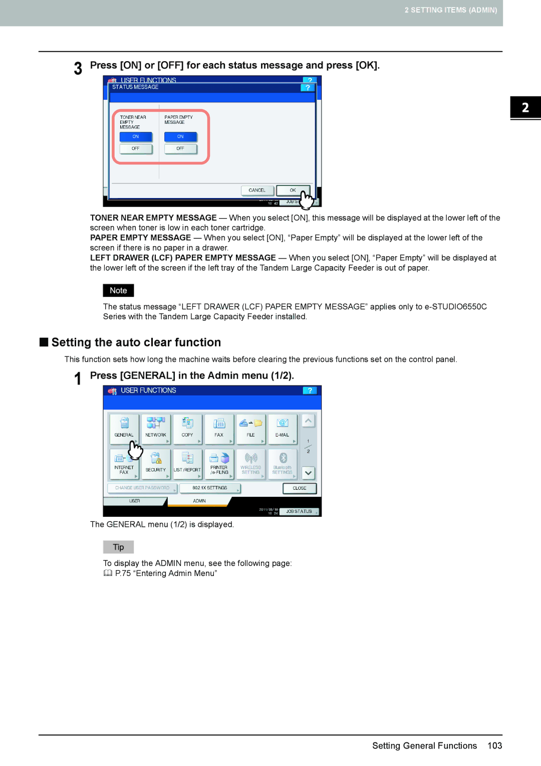 Toshiba 4540C manual „ Setting the auto clear function, Press on or OFF for each status message and press OK 