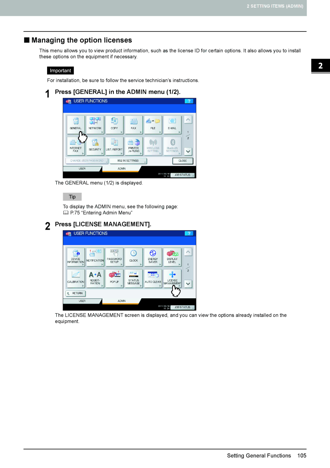 Toshiba 4540C manual „ Managing the option licenses, Press License Management 