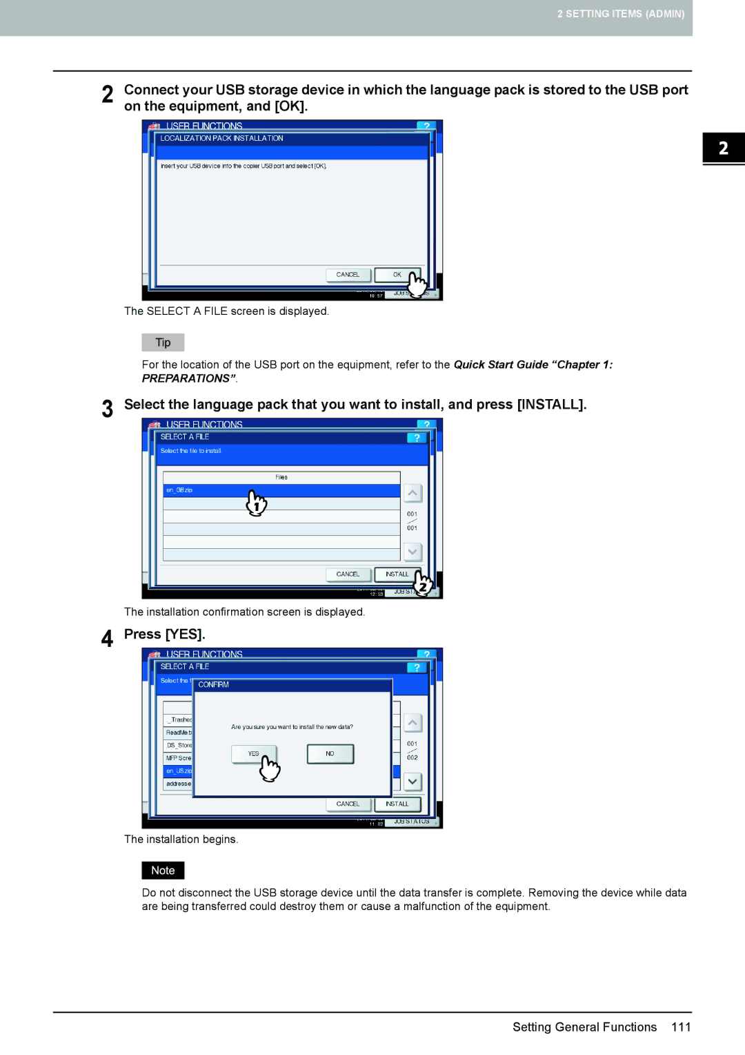 Toshiba 4540C manual On the equipment, and OK, Press YES 