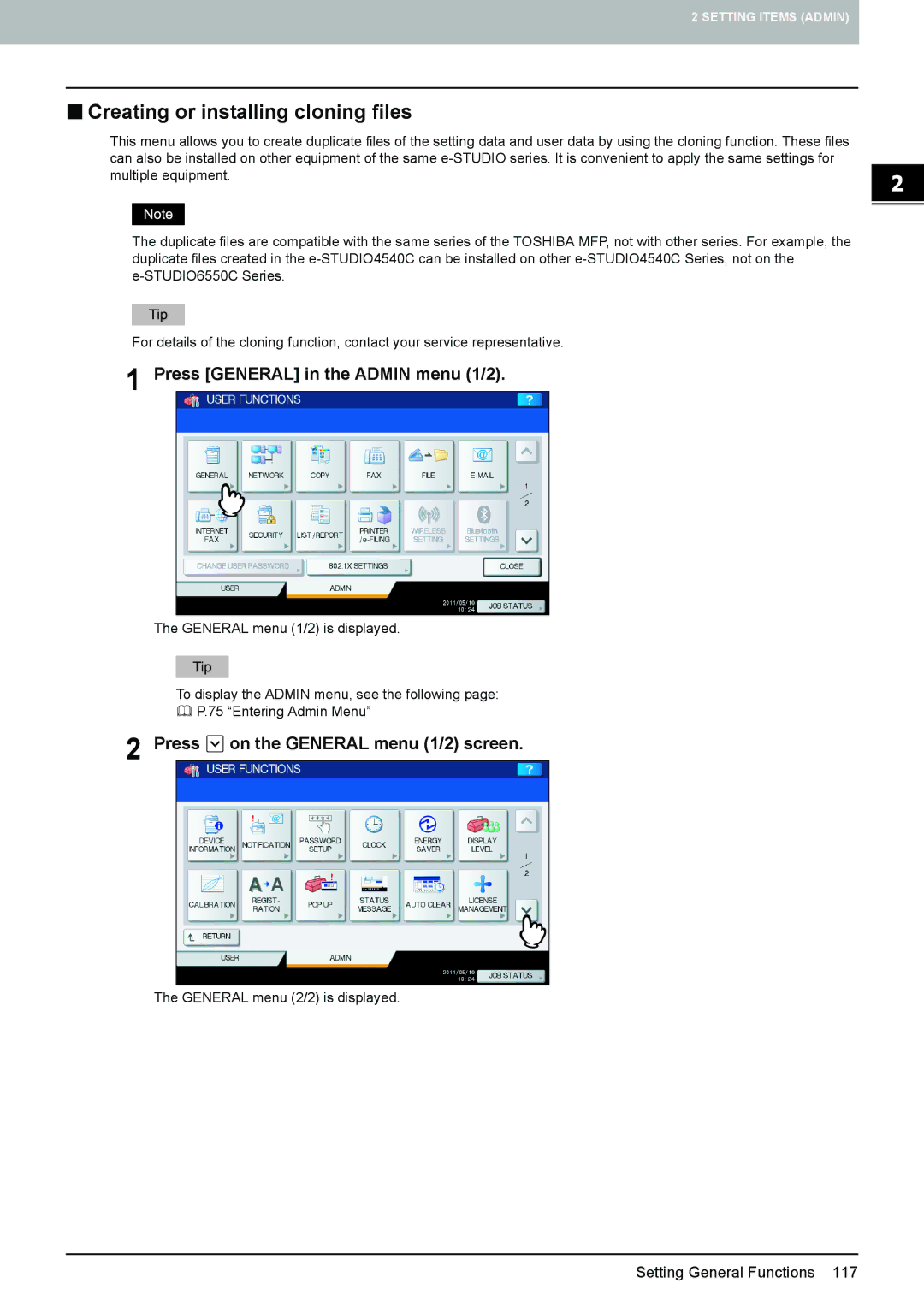 Toshiba 4540C manual „ Creating or installing cloning files, Press General in the Admin menu 1/2 