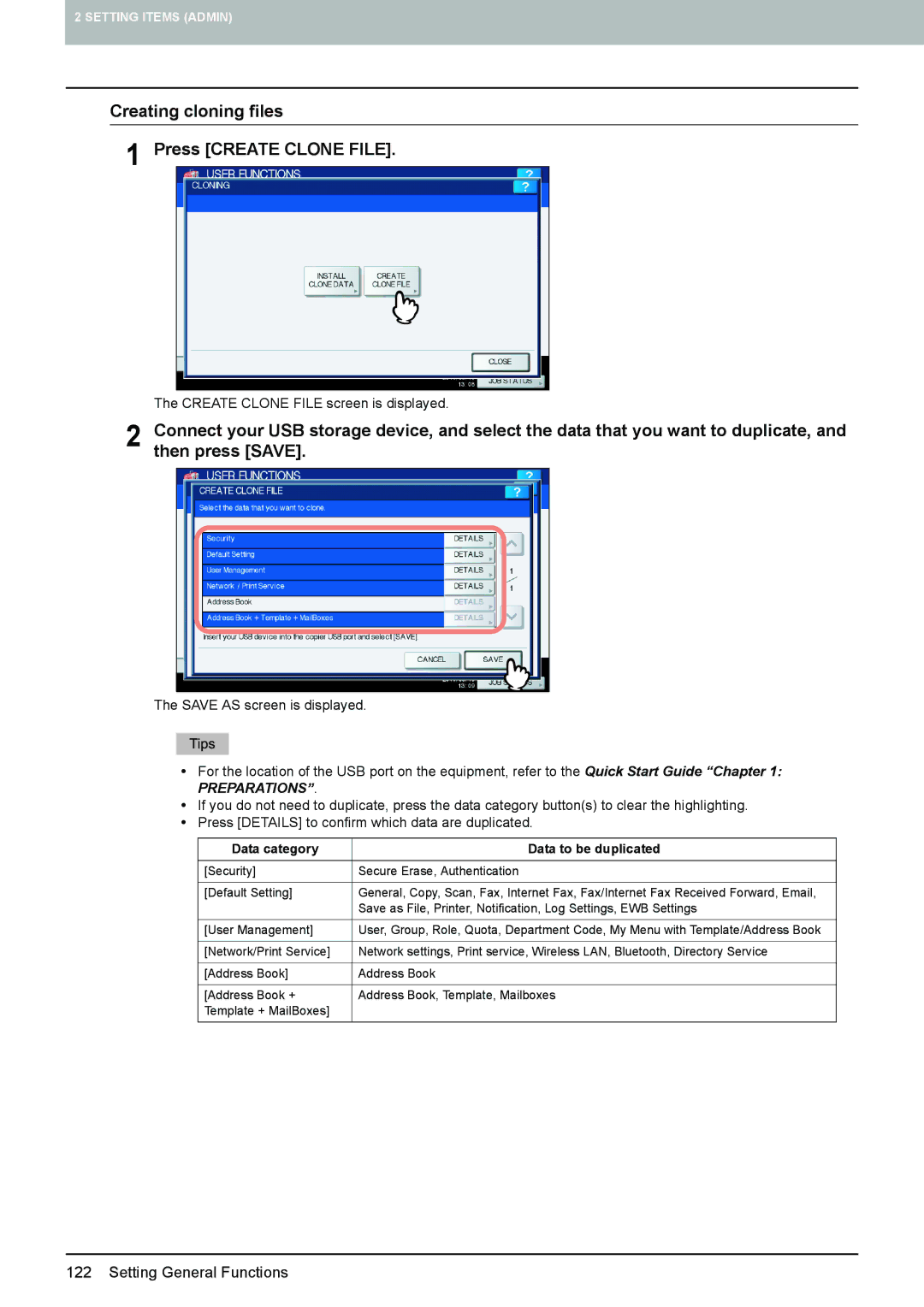 Toshiba 4540C manual Creating cloning files Press Create Clone File, Data category Data to be duplicated 