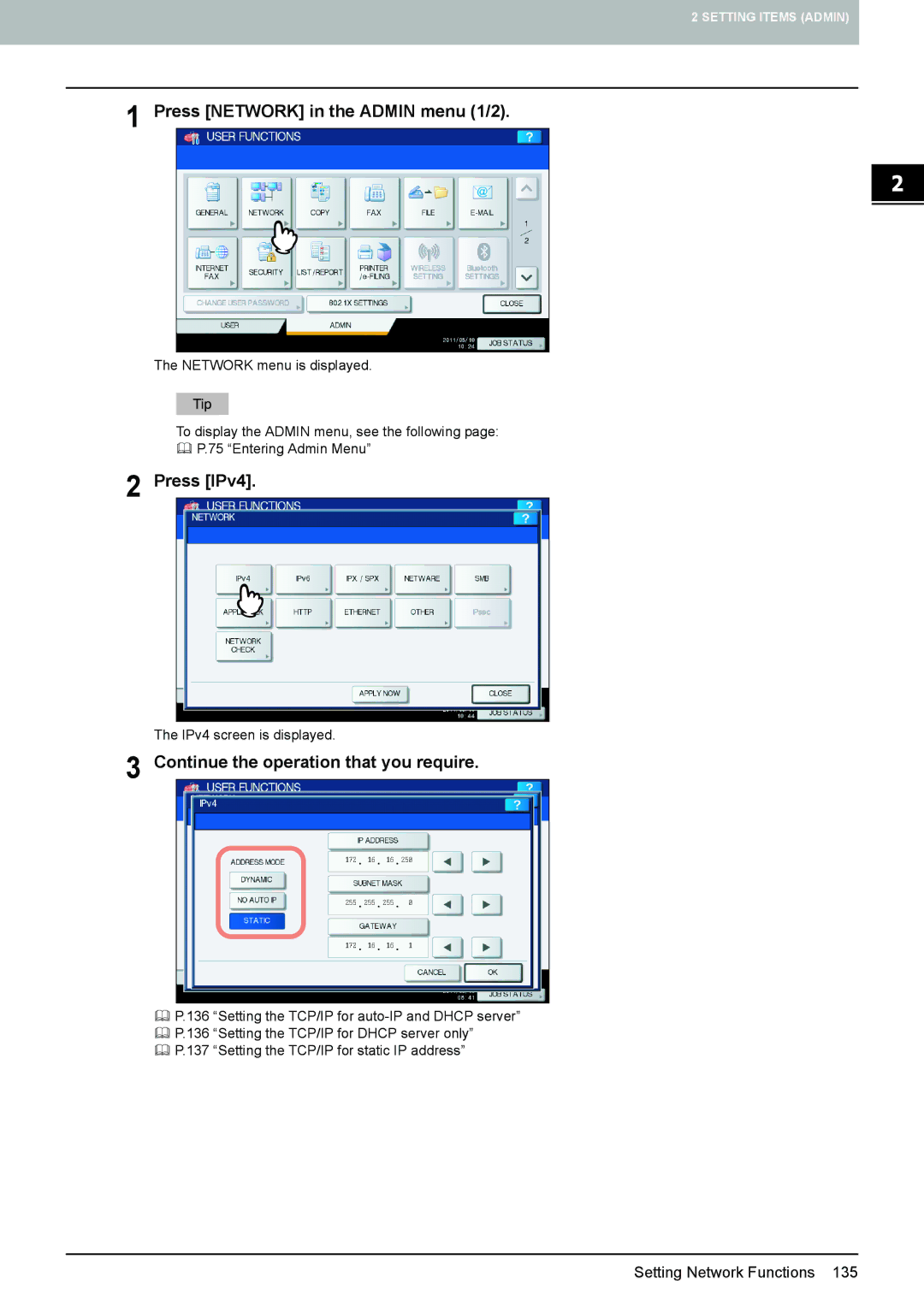 Toshiba 4540C manual Press Network in the Admin menu 1/2, Press IPv4 