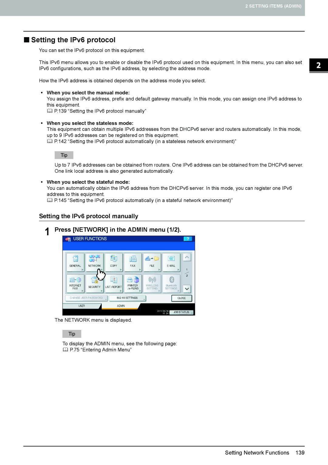 Toshiba 4540C „ Setting the IPv6 protocol, When you select the manual mode, When you select the stateless mode 