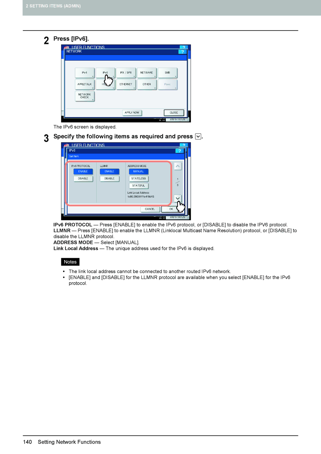 Toshiba 4540C manual Press IPv6, Specify the following items as required and press 