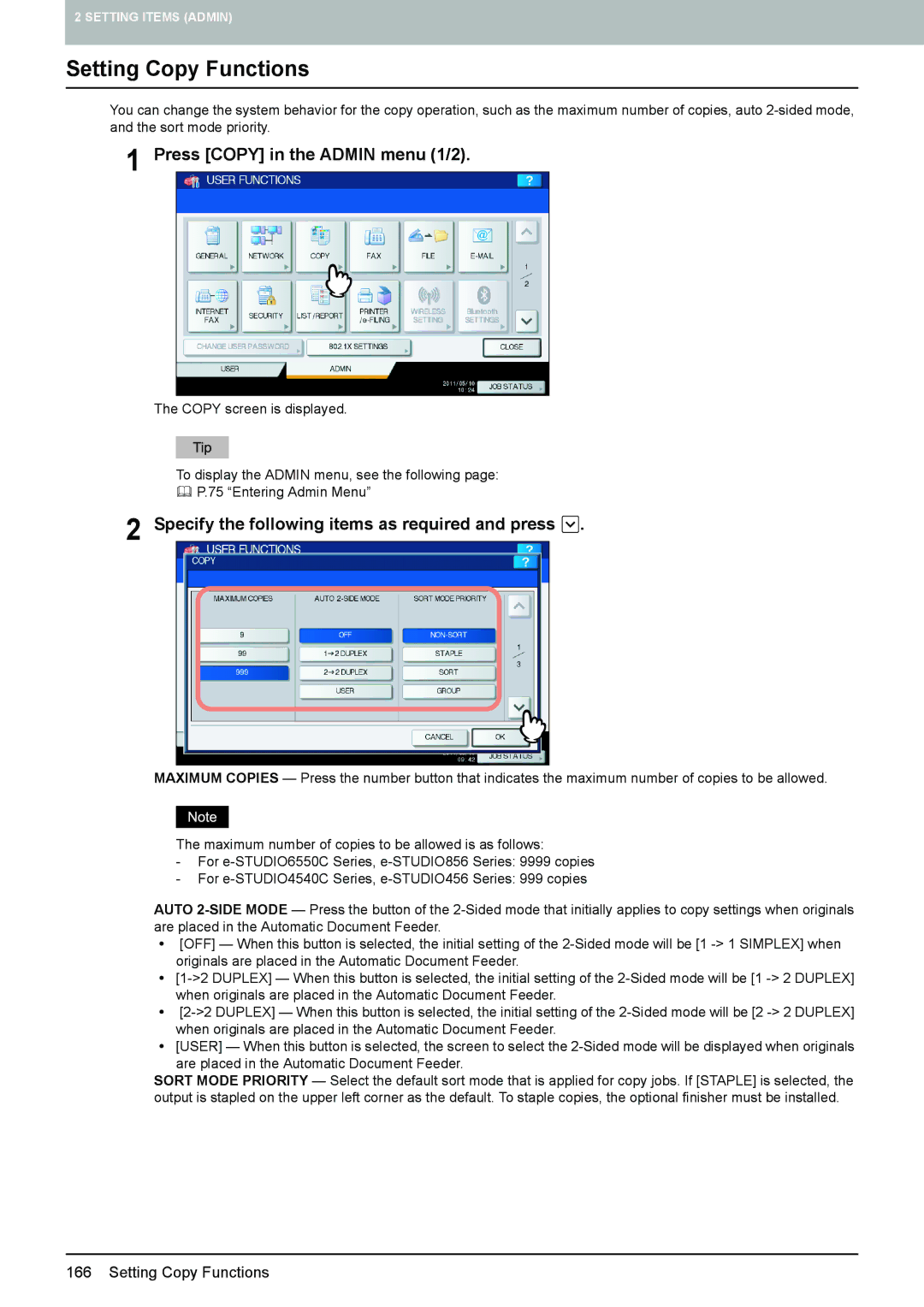 Toshiba 4540C manual Setting Copy Functions, Press Copy in the Admin menu 1/2 