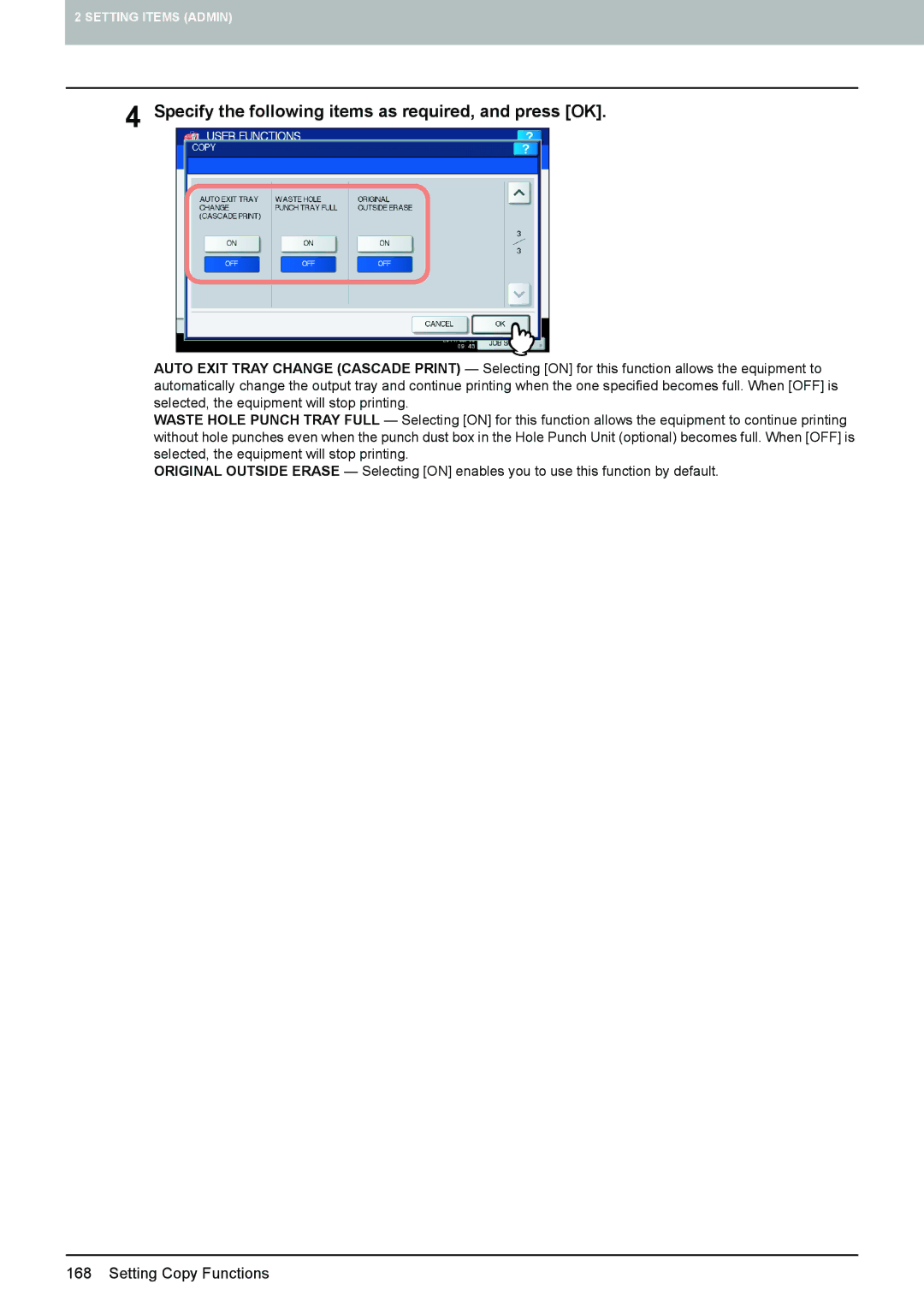 Toshiba 4540C manual Specify the following items as required, and press OK 