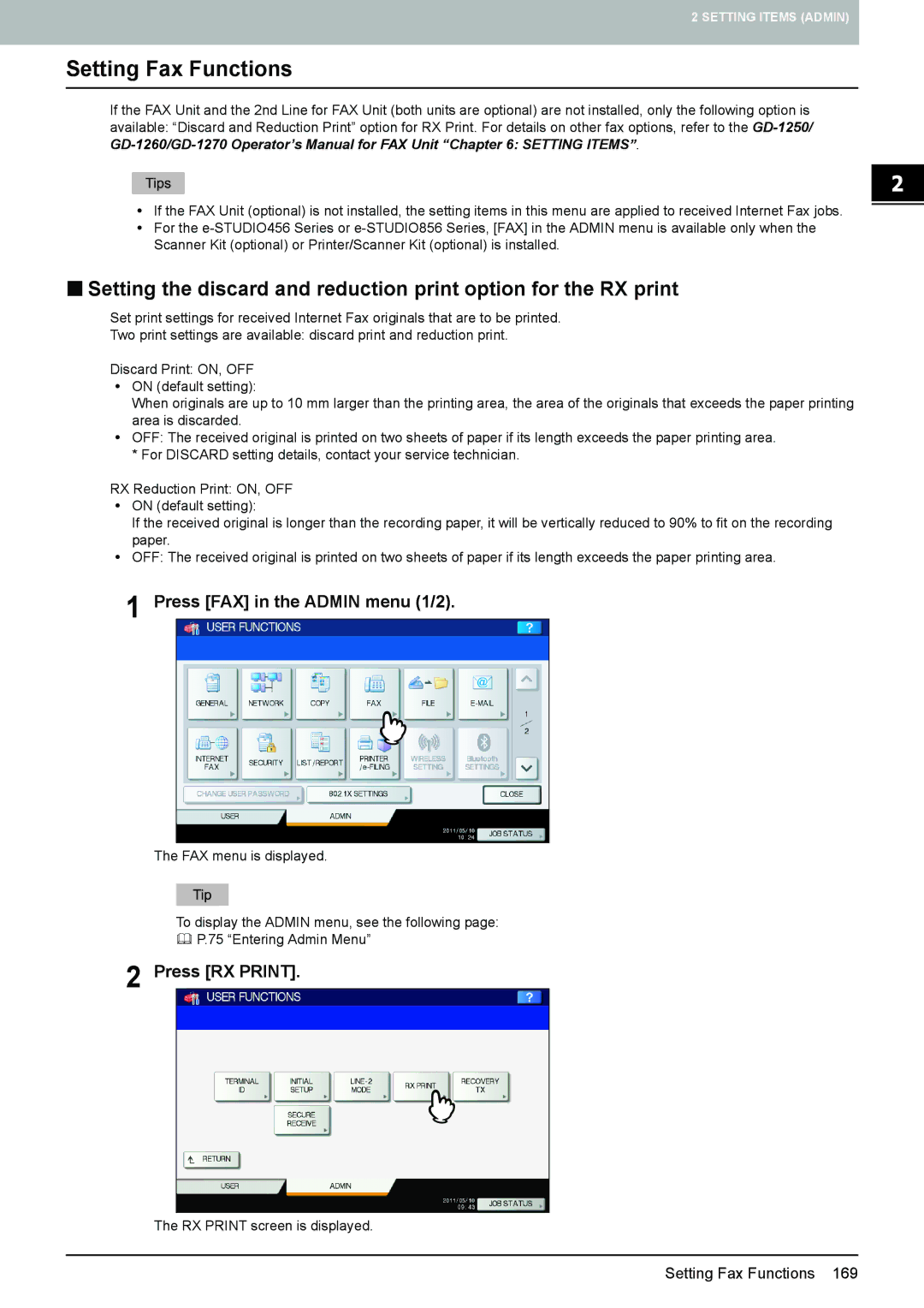 Toshiba 4540C manual Press FAX in the Admin menu 1/2, Press RX Print 