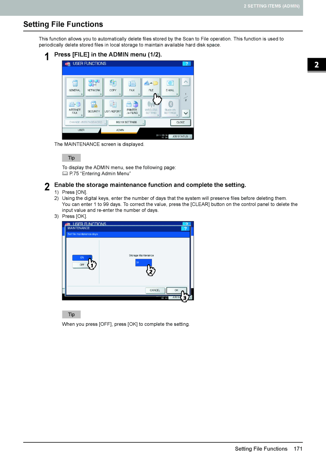 Toshiba 4540C manual Setting File Functions, Press File in the Admin menu 1/2 