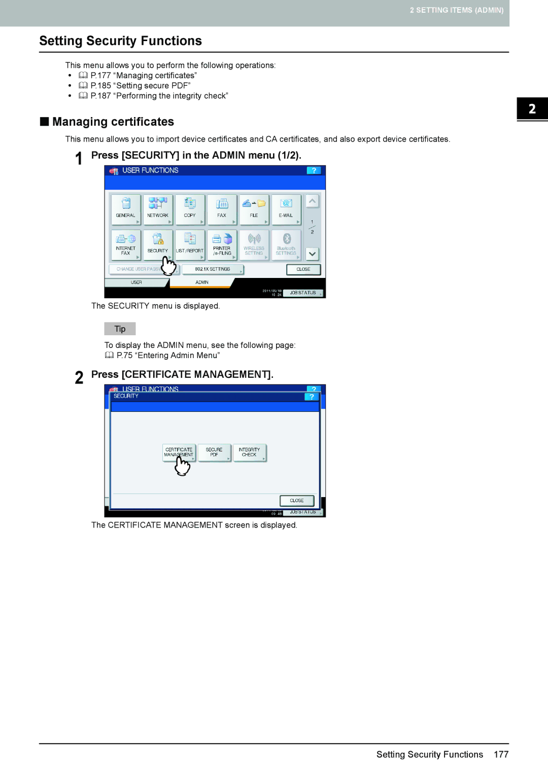 Toshiba 4540C manual Setting Security Functions, „ Managing certificates, Press Security in the Admin menu 1/2 