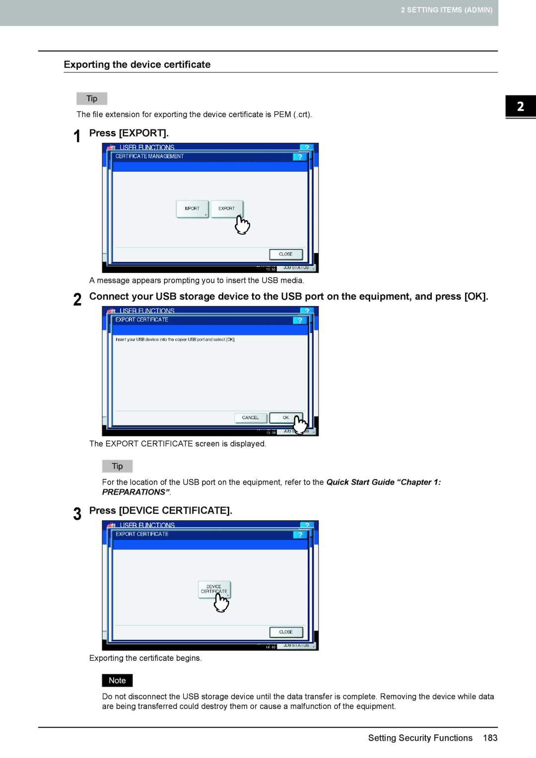 Toshiba 4540C manual Exporting the device certificate, Press Export 