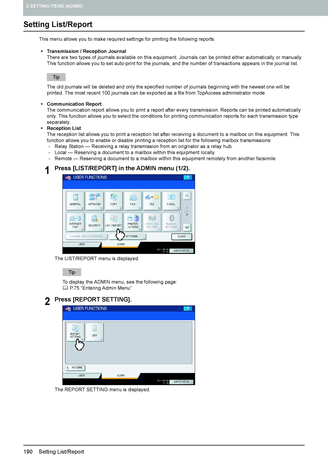 Toshiba 4540C manual Setting List/Report, Press LIST/REPORT in the Admin menu 1/2, Press Report Setting 