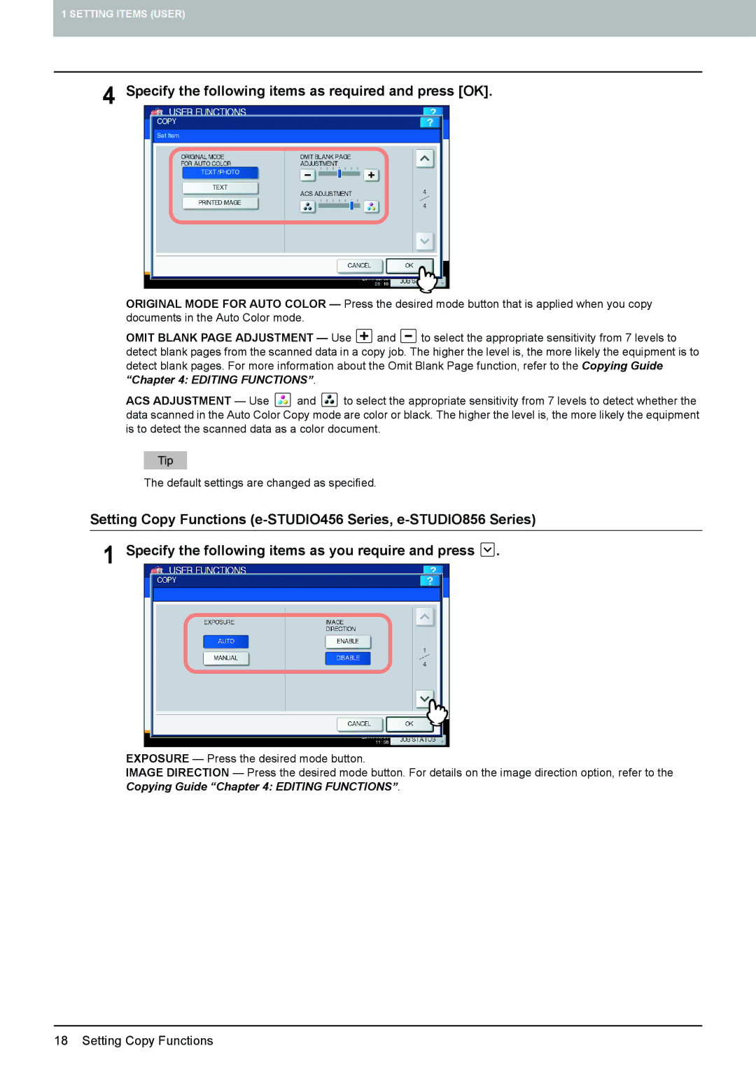 Toshiba 4540C manual Specify the following items as required and press OK 