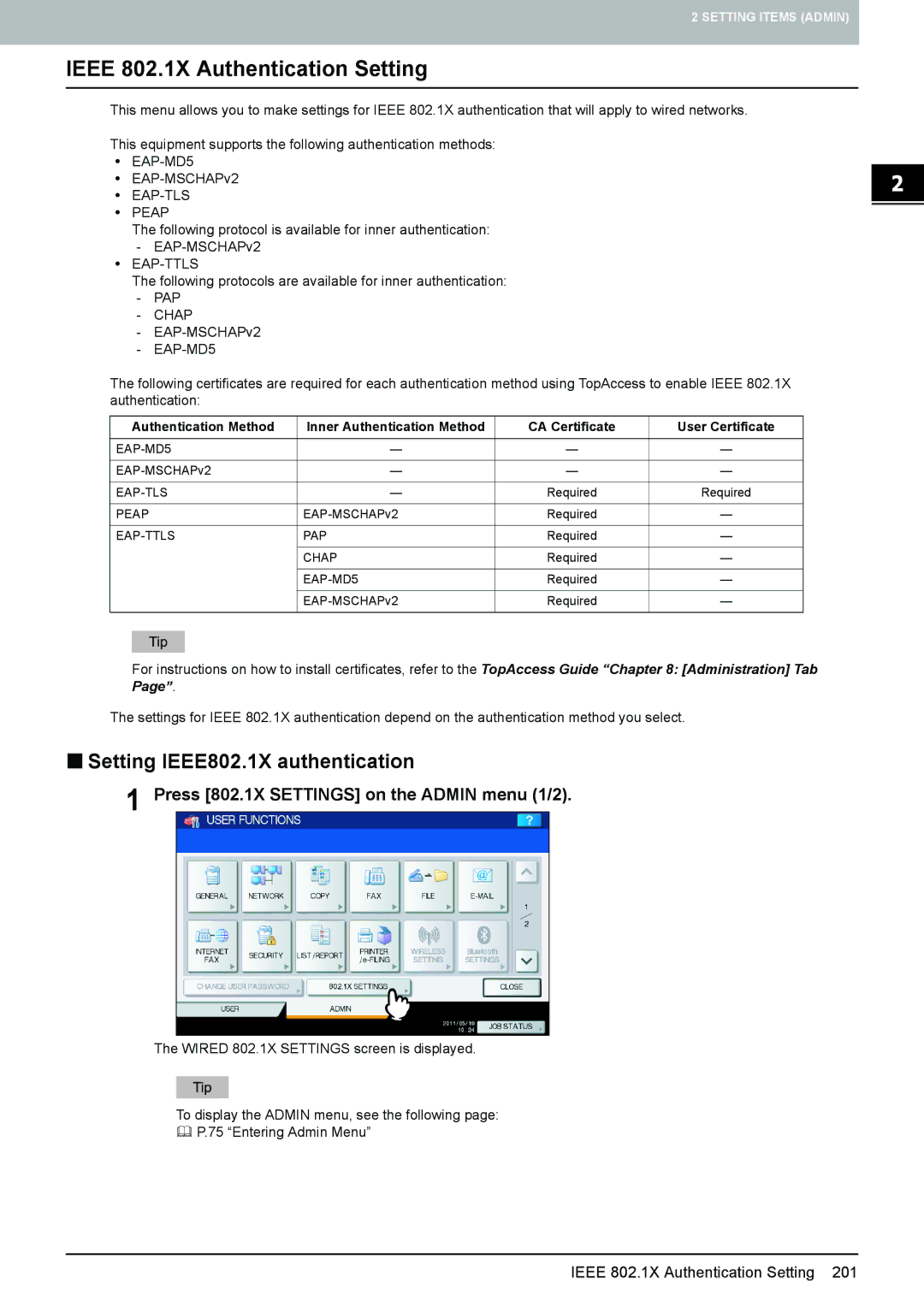 Toshiba 4540C manual Ieee 802.1X Authentication Setting, „ Setting IEEE802.1X authentication 