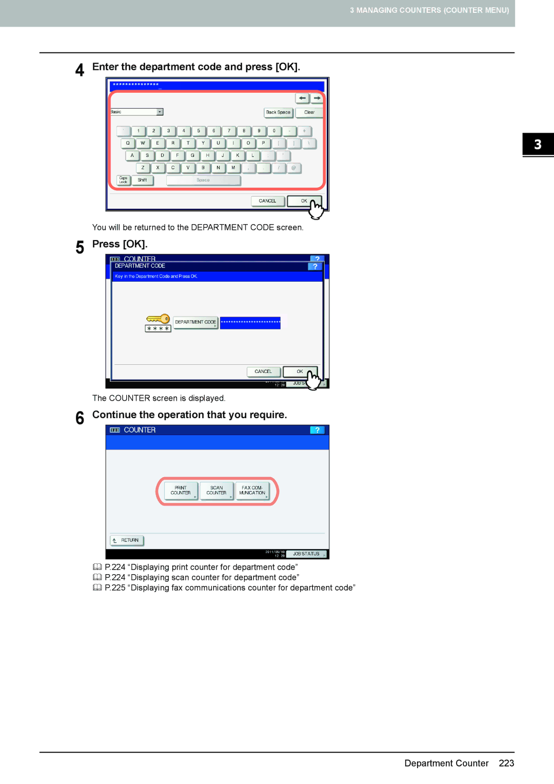 Toshiba 4540C manual Enter the department code and press OK, Press OK 