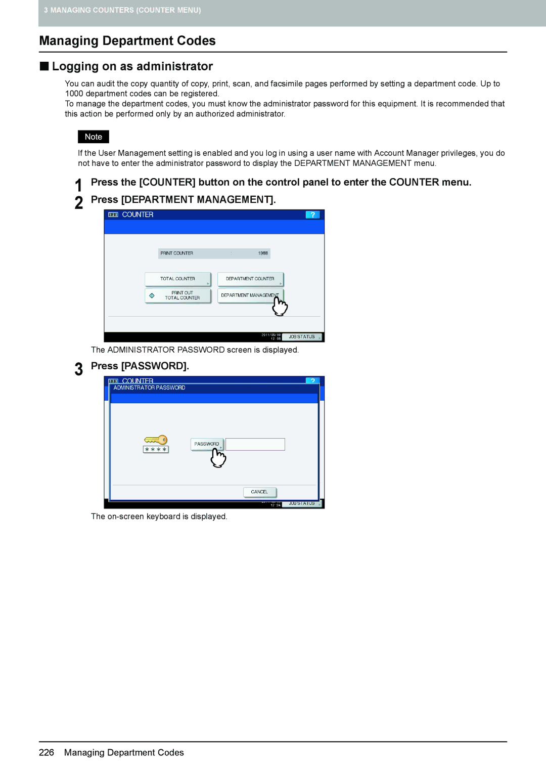 Toshiba 4540C manual Managing Department Codes, „ Logging on as administrator 