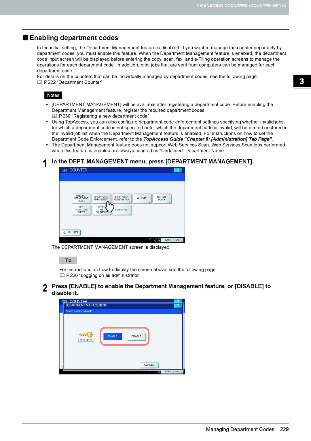 Toshiba 4540C manual „ Enabling department codes, DEPT. Management menu, press Department Management 