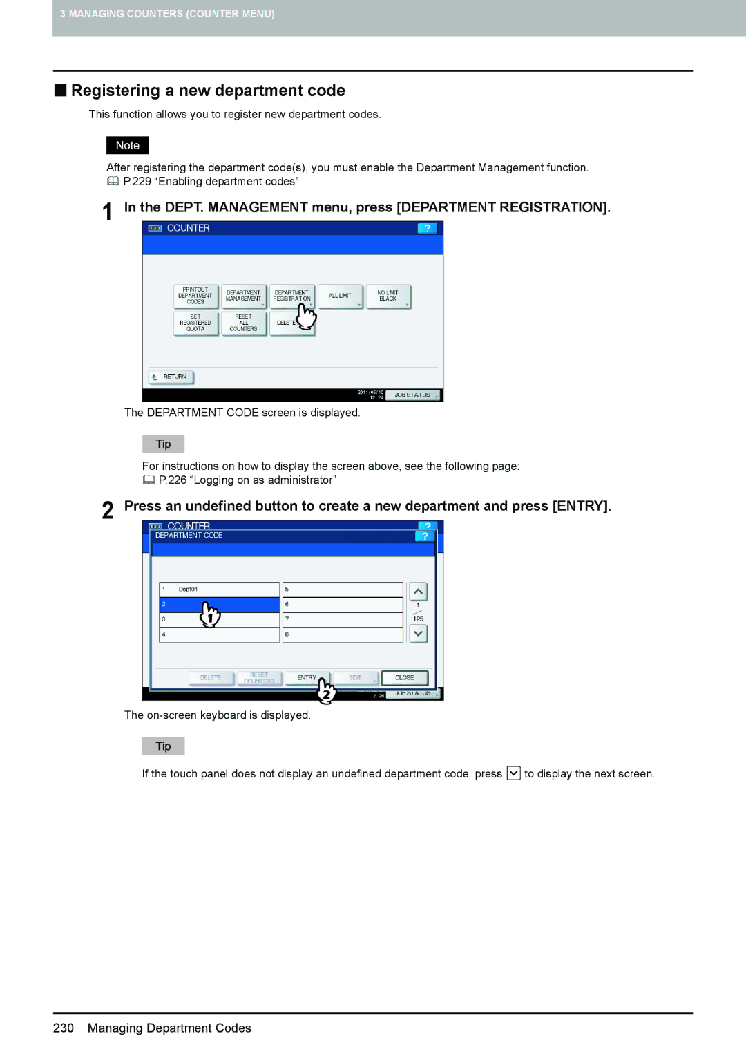 Toshiba 4540C manual „ Registering a new department code, DEPT. Management menu, press Department Registration 