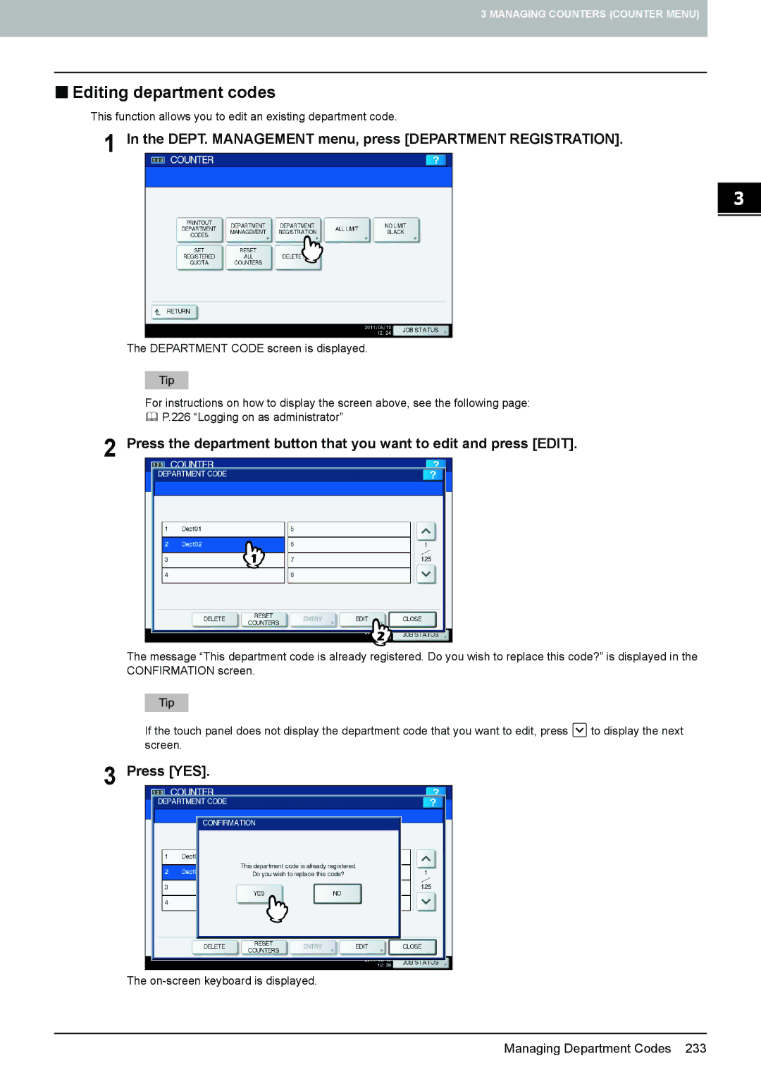 Toshiba 4540C manual „ Editing department codes, DEPT. Management menu, press Department Registration 