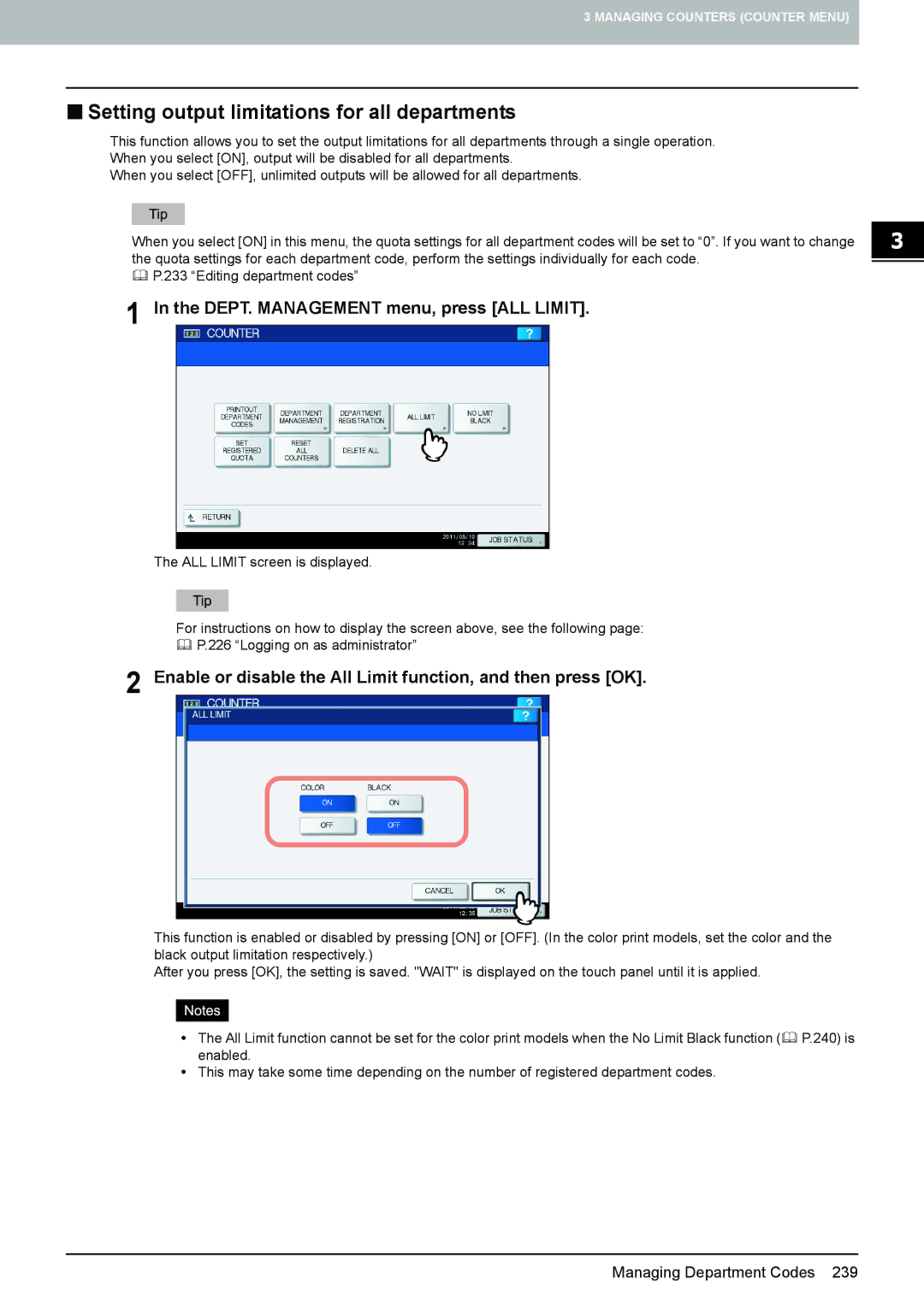 Toshiba 4540C manual „ Setting output limitations for all departments, DEPT. Management menu, press ALL Limit 