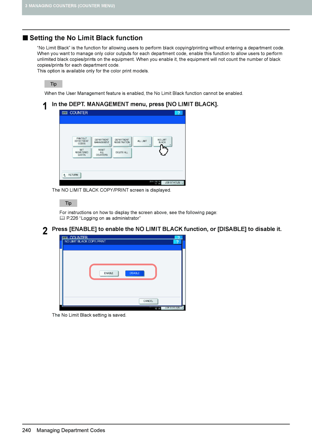 Toshiba 4540C manual „ Setting the No Limit Black function, DEPT. Management menu, press no Limit Black 