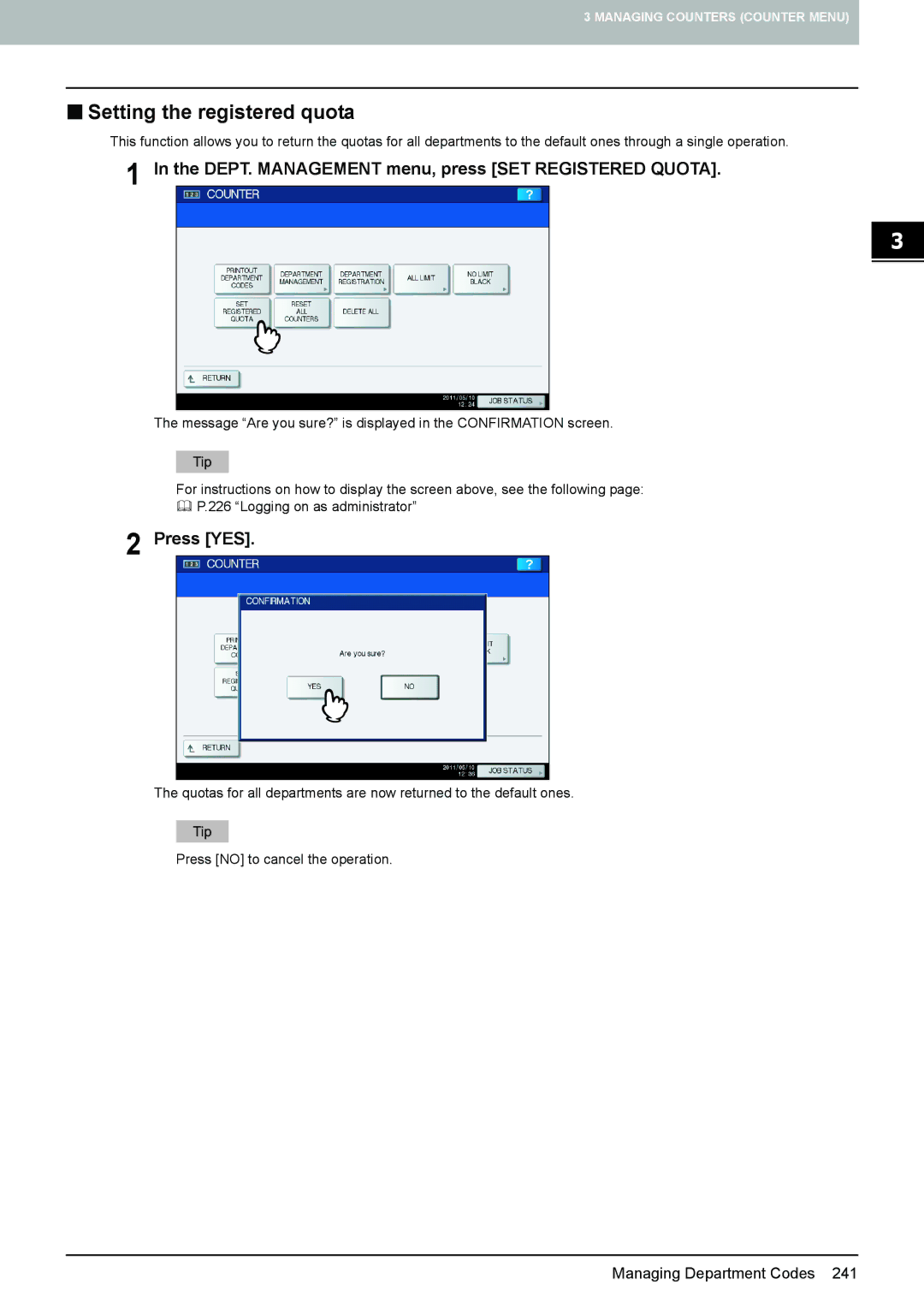 Toshiba 4540C manual „ Setting the registered quota, DEPT. Management menu, press SET Registered Quota 