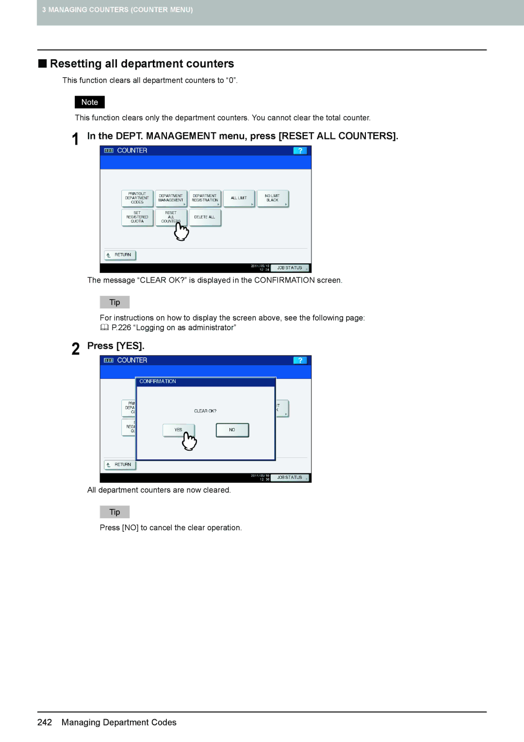 Toshiba 4540C manual „ Resetting all department counters, DEPT. Management menu, press Reset ALL Counters 