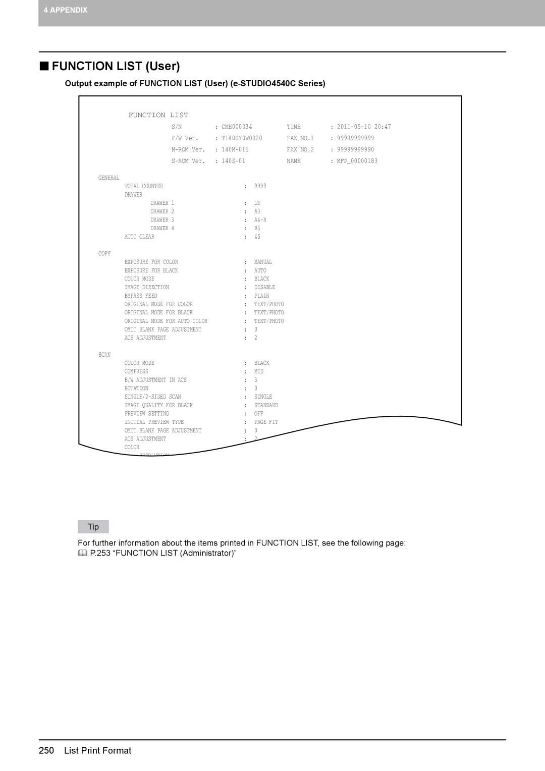 Toshiba manual „ Function List User, Output example of Function List User e-STUDIO4540C Series 