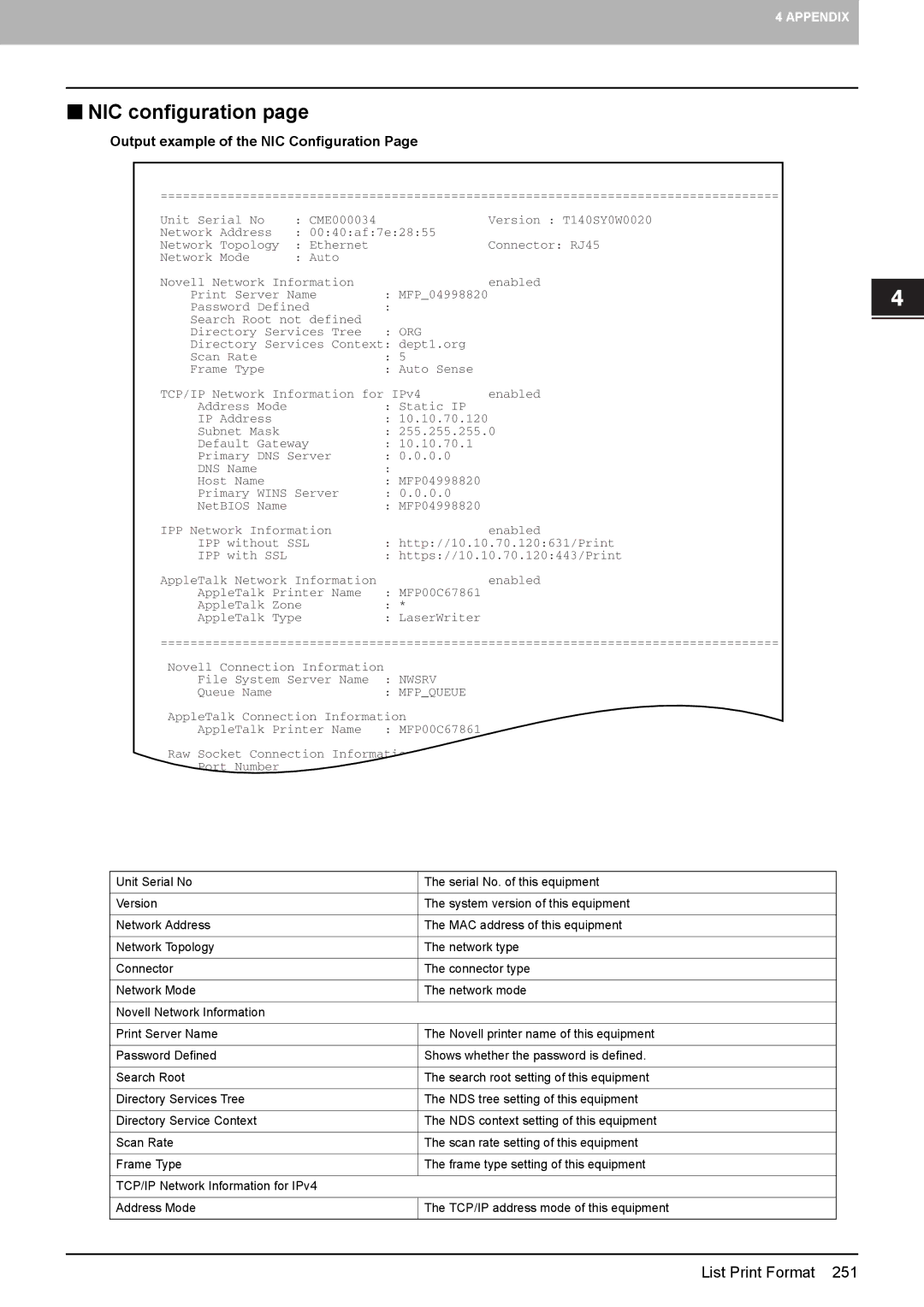 Toshiba 4540C manual „ NIC configuration, Output example of the NIC Configuration 