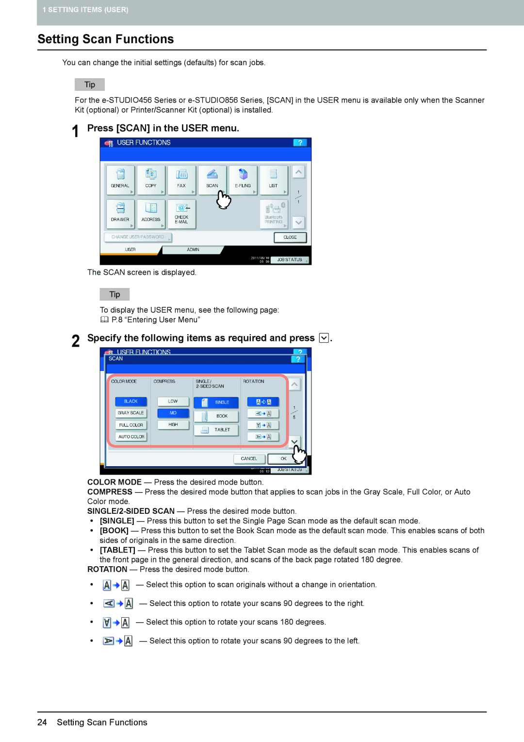 Toshiba 4540C manual Setting Scan Functions, Press Scan in the User menu 